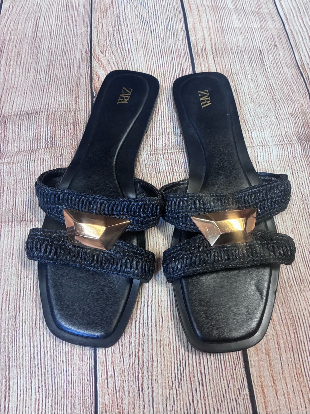 Zara Black Woven Slide Sandals with Gold Accent